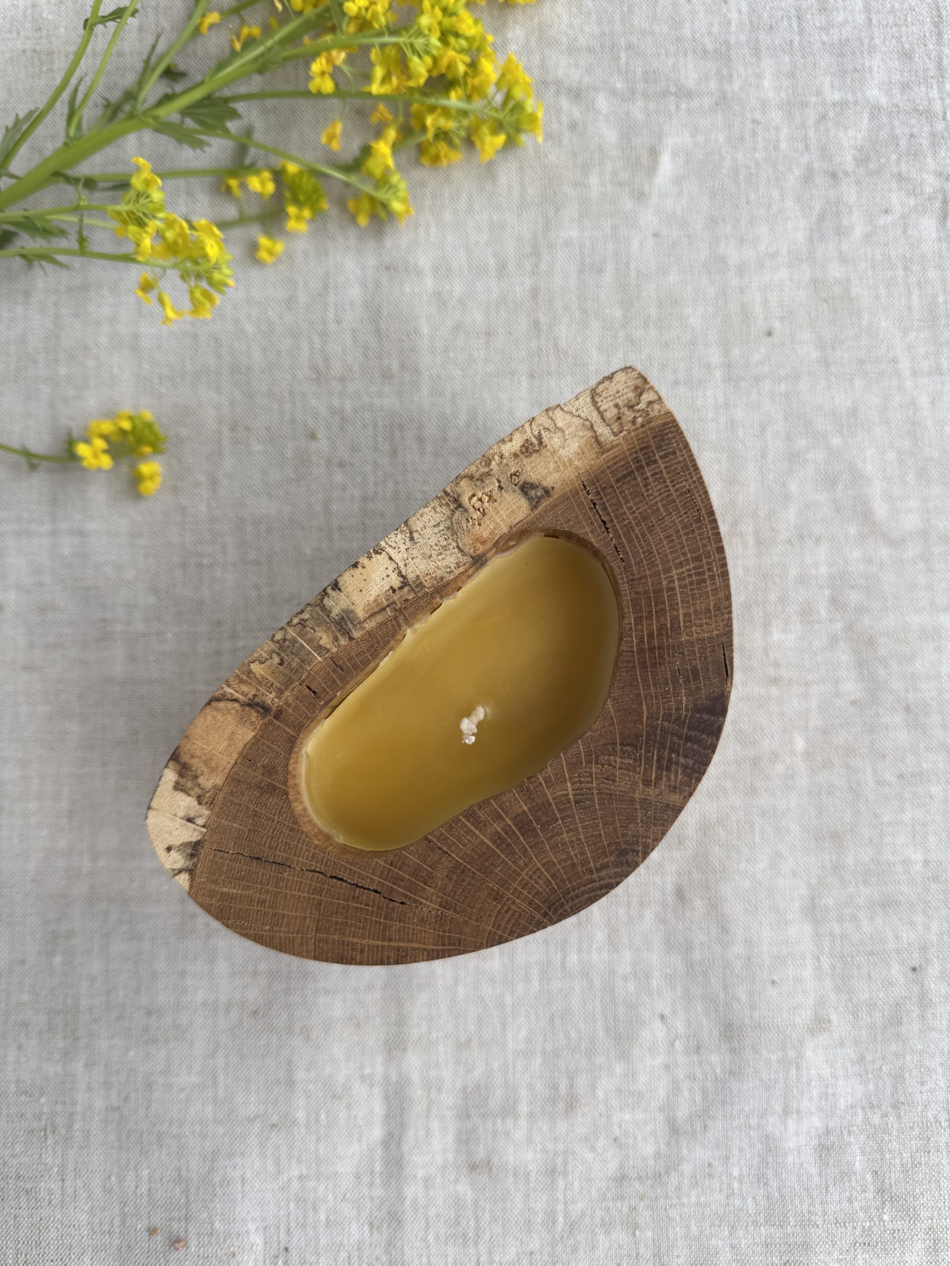 Handmade oak wood candle made from pure natural beeswax without additives