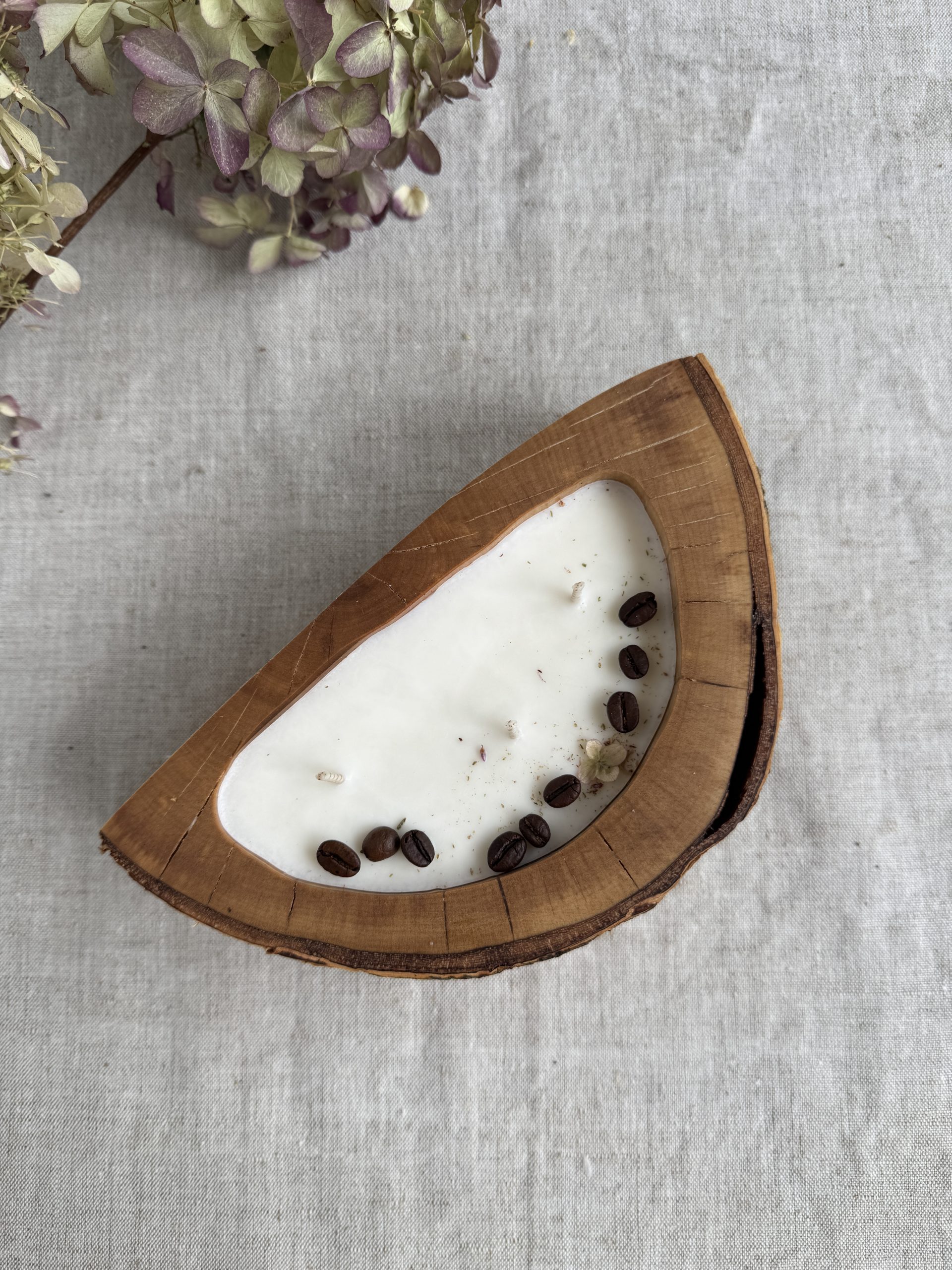 Handmade birch wood soy candle with coffee scent and coffee bean decoration