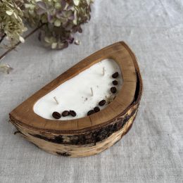 Handmade birch wood soy candle with coffee scent and coffee bean decoration