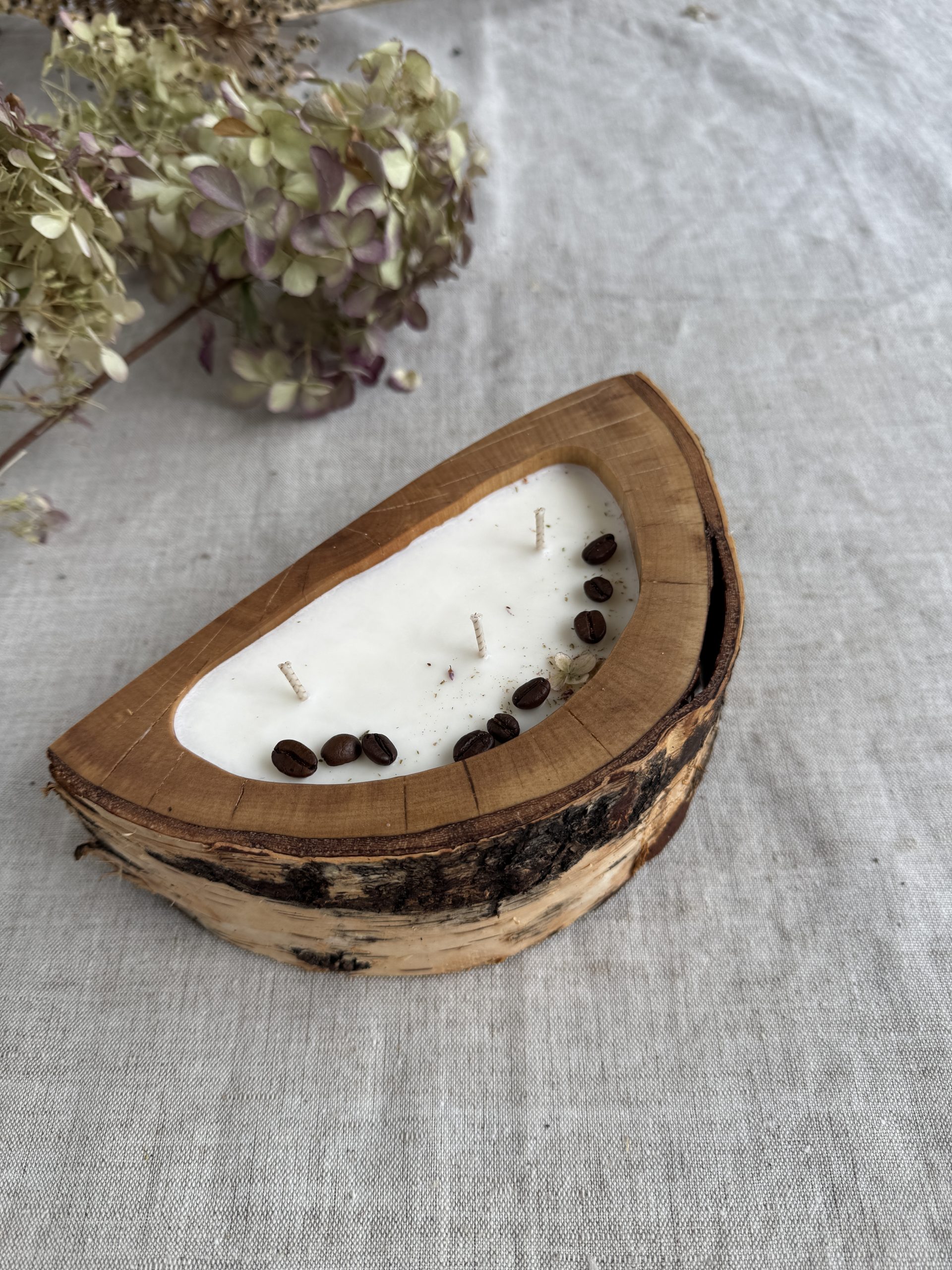Handmade birch wood soy candle with coffee scent and coffee bean decoration