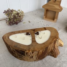 Handmade unscented soy candle in natural elm wood vessel with double bowl design