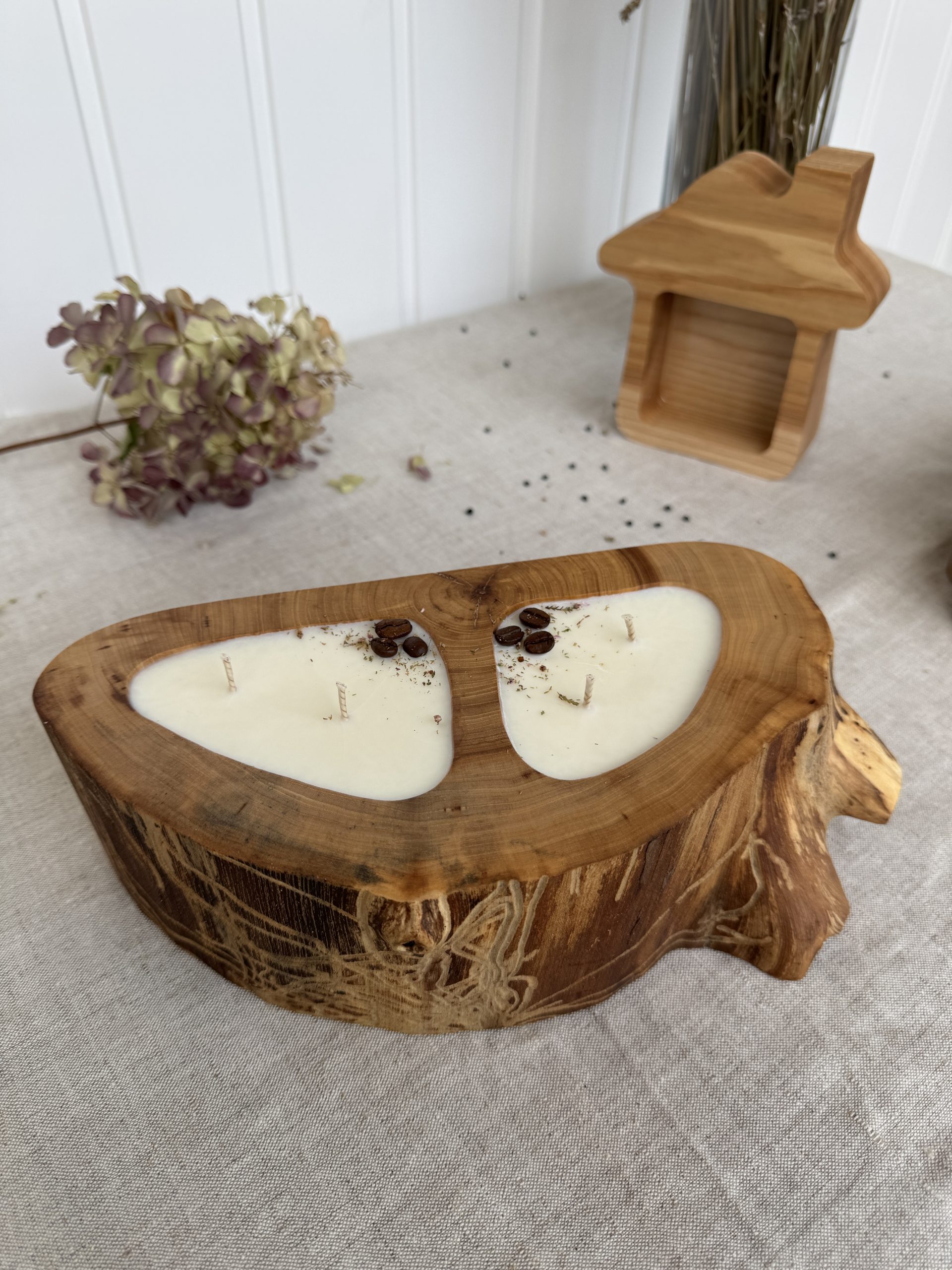 Handmade unscented soy candle in natural elm wood vessel with double bowl design