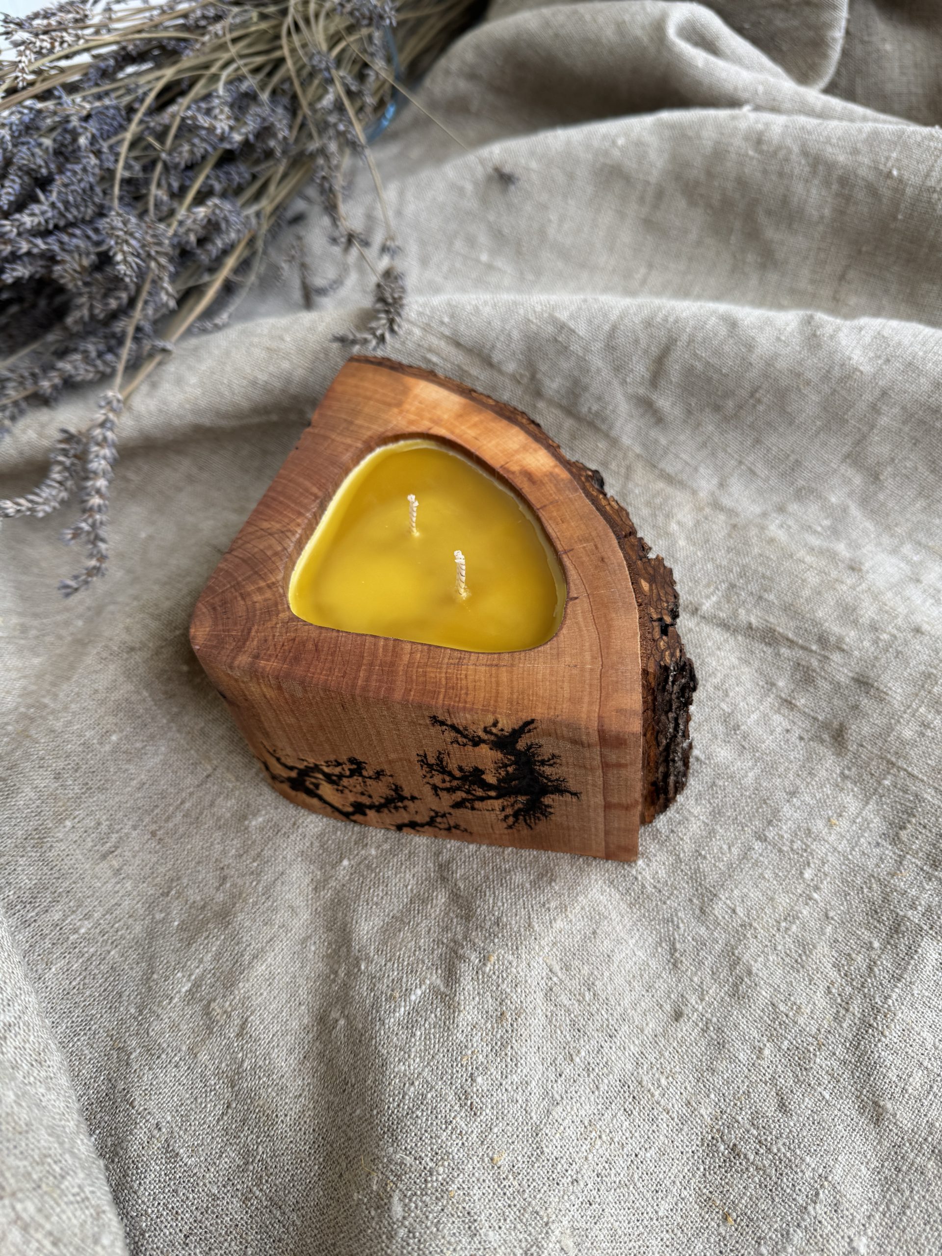 Handmade natural beeswax candle in red alder wood with bark texture