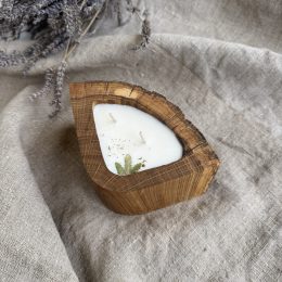 Handmade unscented soy candle in rustic oak wood vessel