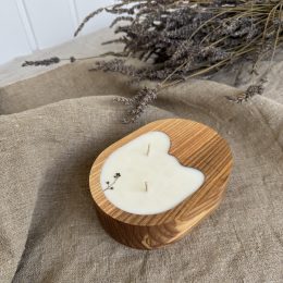 Handmade soy candle in natural ash wood vessel