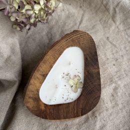 Handmade unscented soy candle in rustic ash wood vessel