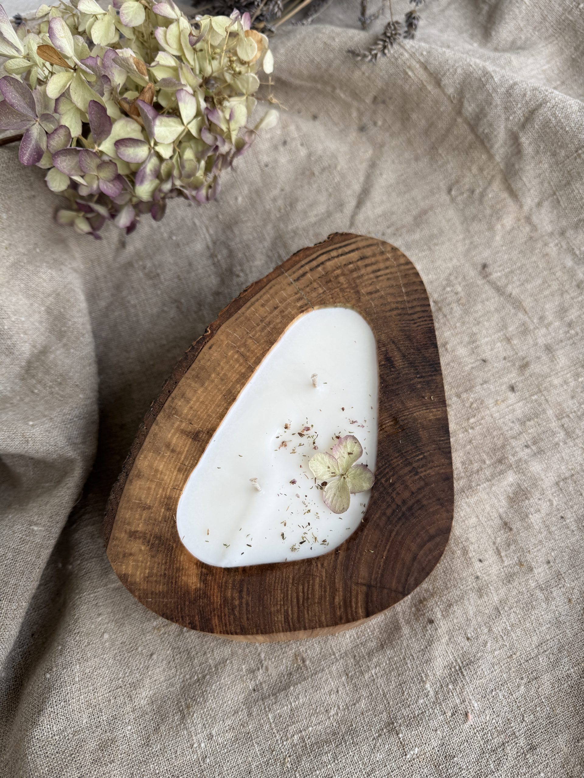 Handmade unscented soy candle in rustic ash wood vessel