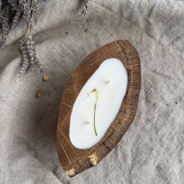 Handmade unscented soy candle in natural oak wood vessel