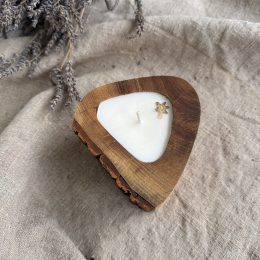Handmade vanilla soy candle in natural ash wood vessel