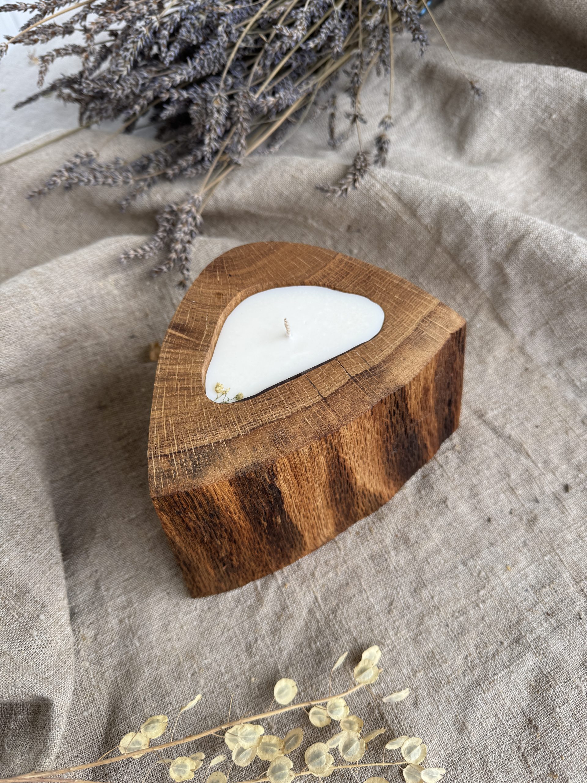 Handmade mini melon soy candle in natural oak wood vessel