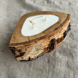 Handmade Vanilla soy wax candle in natural birch wood vessel with two cotton wicks