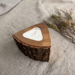 Handmade Coffee soy wax candle in natural ash wood vessel with single cotton wick and natural bark edge