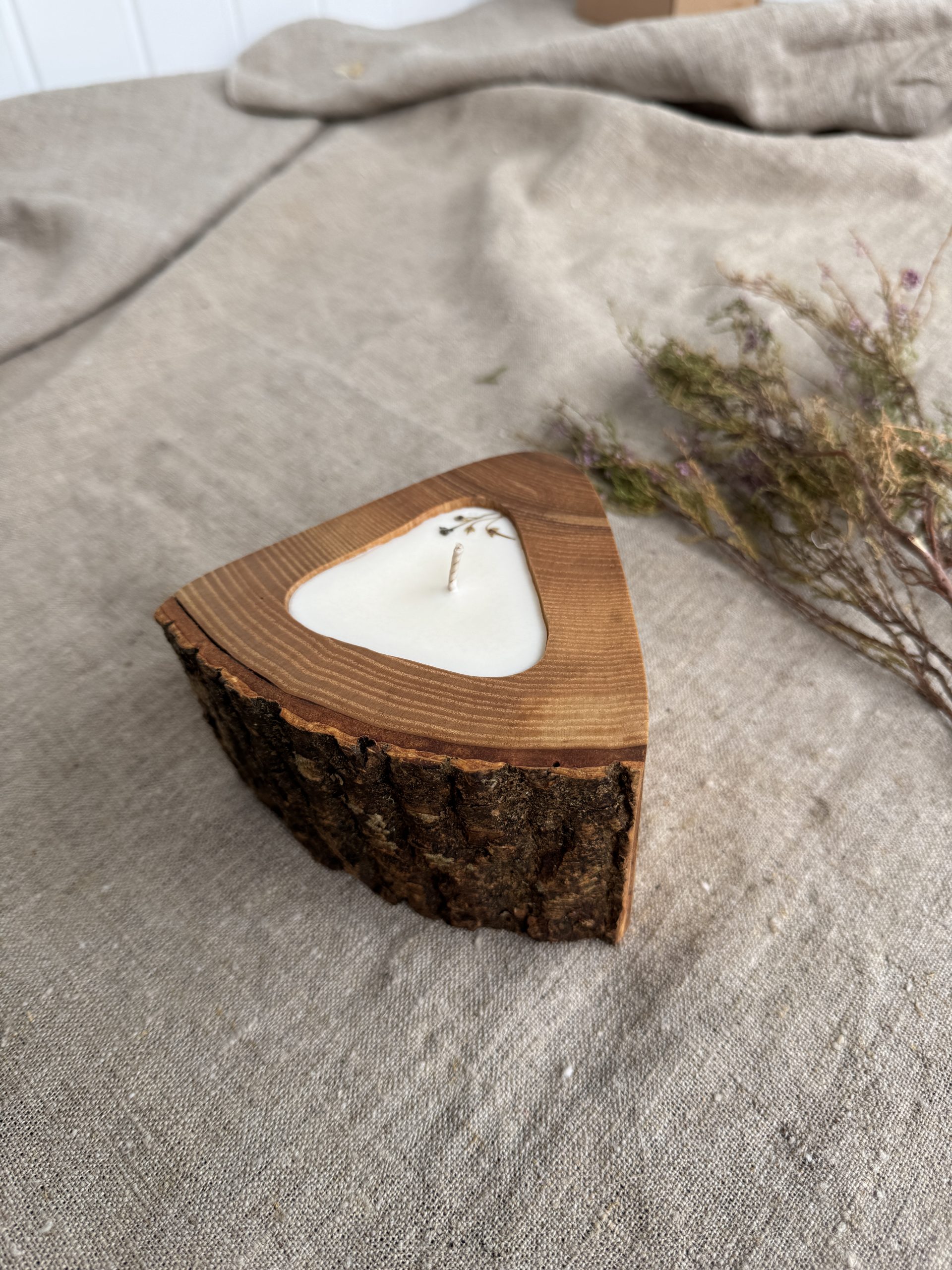 Handmade Coffee soy wax candle in natural ash wood vessel with single cotton wick and natural bark edge