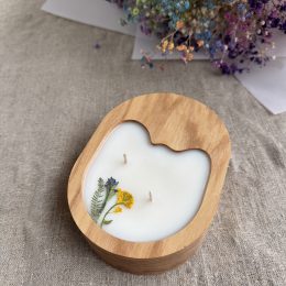 Handmade Lavender soy wax candle in natural ash wood vessel with two cotton wicks and dried flower decoration