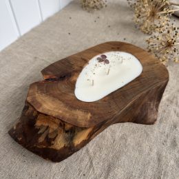 Handmade ash wood candle with three wicks and Sienna Elegance fragrance in a unique natural wooden vessel